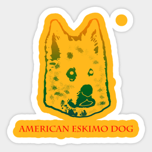 The american eskimo dog head is Violet, Green, Orange Sticker